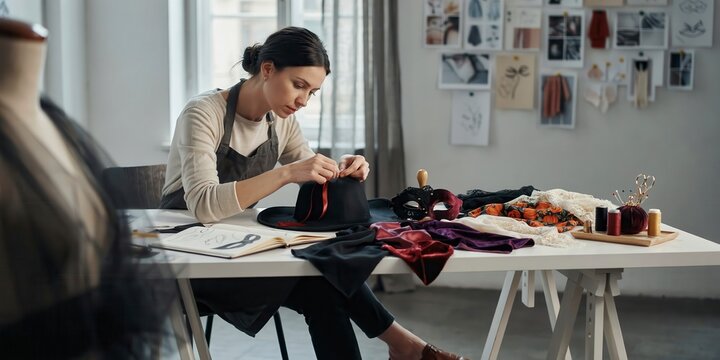 A professional milliner carefully crafting a custom hat in her creative design studio, halloween theme, halloween celebration