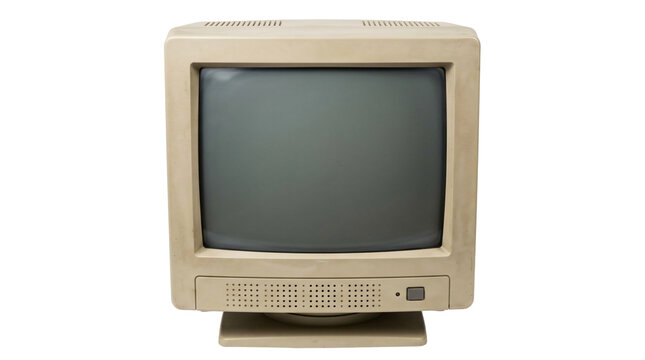 Vintage beige computer monitor with a classic cathode ray tube display screen on transparent background