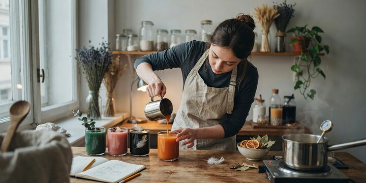 Young woman making artisanal candles, pouring liquid wax into glass containers in a home studio, halloween theme, halloween celebration