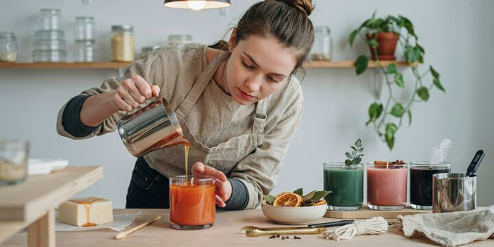 Woman pouring liquid into glass jar for candle making, halloween theme, halloween celebration