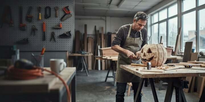 Skilled carpenter carving a wooden jackolantern in a rustic workshop, halloween theme, halloween celebration