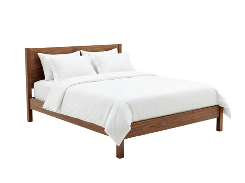 Wooden bed frame featuring clean white linens with soft pillows and smooth texture on transparent background