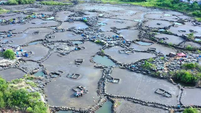 Aerial View of Stone-Lined Intertidal Fish Traps at Low Tide