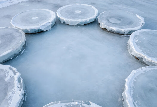 Climate change and environmental impact, melting ice circles on a frozen lake surface with winter landscape and global warming consequences in nature