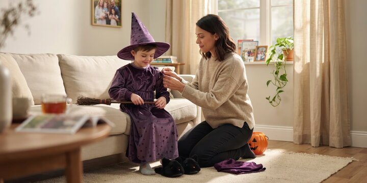Mother helping her young daughter put on a purple witch costume for halloween at home, halloween theme, halloween celebration