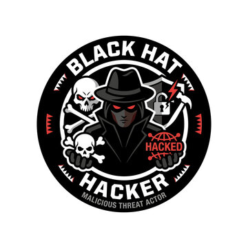 Illustration of a hacker wearing a black hat and dark clothing.