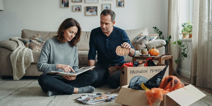 Middleaged couple looking through old family photo album at home, halloween theme, halloween celebration