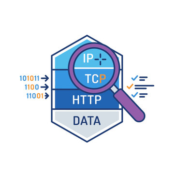 Illustration of network protocols with magnifying glass and data symbols.