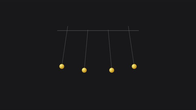 Newton's cradle physics pendulum swinging with kinetic energy transfer on animation 4k black background