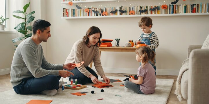 Family with two children crafting halloween decorations together on the living room floor, halloween theme, halloween celebration