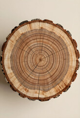 Obraz premium Sustainability and climate change, tree ring cross section showing growth history and environmental impact on a neutral background for nature concepts