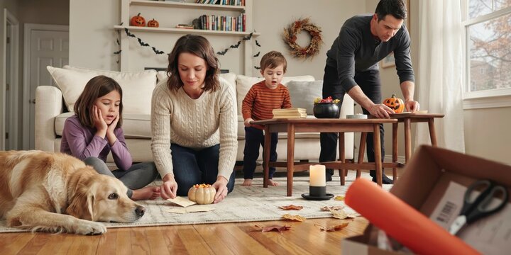 Family decorating their home for halloween with pumpkins and autumn leaves in the living room, halloween theme, halloween celebration