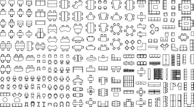 Architectural furniture symbols top view set, cad drawings of tables, chairs, sofas, and office equipment isolated on white background
