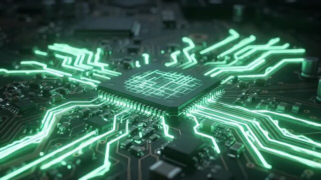Glowing green energy flows through dark circuit board into processor
