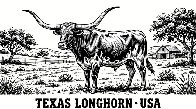 Very beautiful black and white vector illustration of one majestic Texas Longhorn bull standing in a sunny American ranch pasture with grass and a few trees, Label: "TEXAS LONGHORN &bull; USA", no gradient