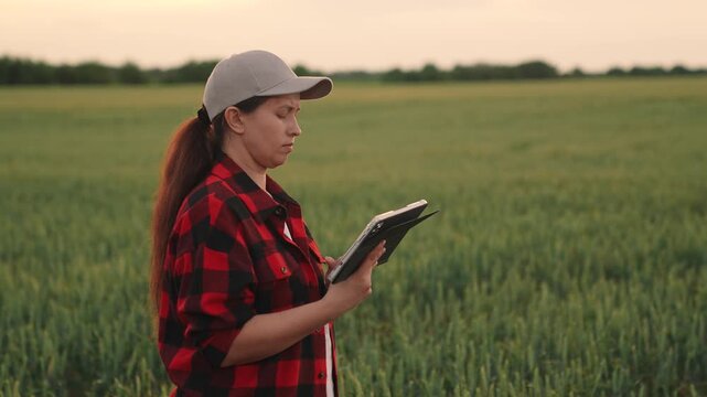 Agriculture, Modern solutions for farming women, Woman reviewing stats in field, Remote crop monitoring, Agri-businesswoman using tablet, Sustainable farming technology, Science meets agriculture