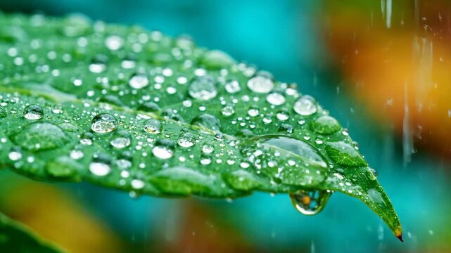 Macro close-up of raindrops beading on a vibrant green leaf. Water droplets falling and dripping from foliage during a rain shower. Fresh nature and weather concept