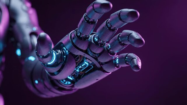 Close-up of a metallic robot hand reaching outward. Mechanical cyborg arm opening fingers with glowing blue joints against a purple background. Artificial intelligence and future technology concept
