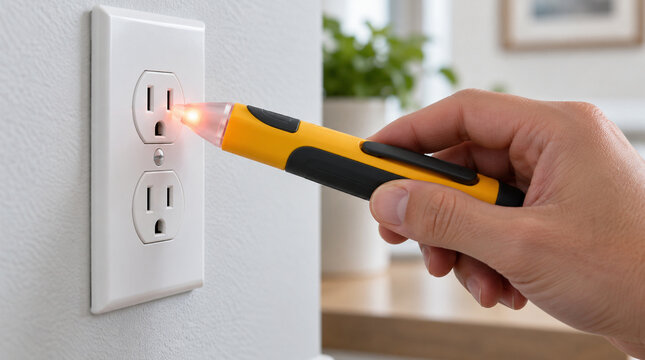 Mano verificando enchufe dom&eacute;stico con detector el&eacute;ctrico port&aacute;til