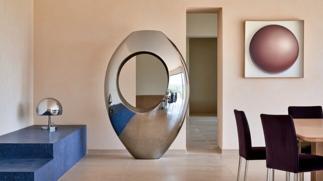 Modern living room with large chrome oval sculpture and mirror cutout in minimalist interior for interior design poster background and decor inspiration