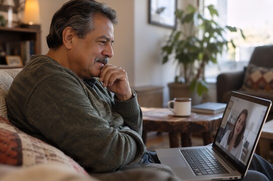 Mature man sitting on sofa having video call with female therapist on laptop. Cozy living room with plant and coffee mug in warm light.