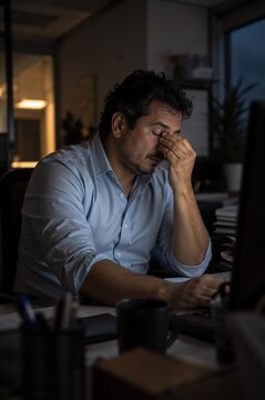 Tired man rubbing his eyes while working late at office desk. Overworked employee suffers from stress and fatigue in dark evening workplace.