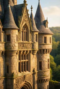 Heritage tourism and historical architecture, medieval castle facade with stone carvings and gothic towers at sunset in a scenic European landscape