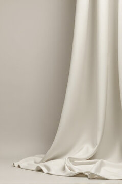 A simple yet elegant white curtain hung against a gray backdrop. vertical frame