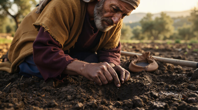 Close up of a biblical farmer placing an extremely small mustard seed into the dark soil. Older man in ancient clothing planting in an agricultural field at sunset. Christian faith and religion concep