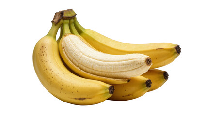 Bunch of ripe yellow bananas one partially peeled, isolated on transparent background © GODSTOX