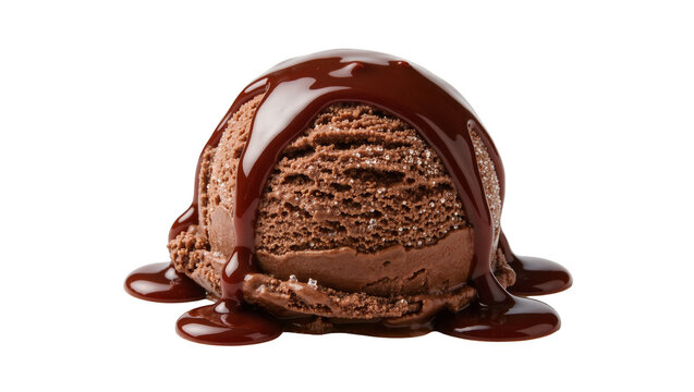 Rich chocolate ice cream scoop with dark fudge sauce, isolated on transparent background