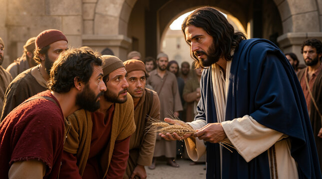 Jesus Christ teaching the parable of the sower to a gathered crowd. Biblical scene of Jesus holding wheat seeds outdoors with disciples listening closely
