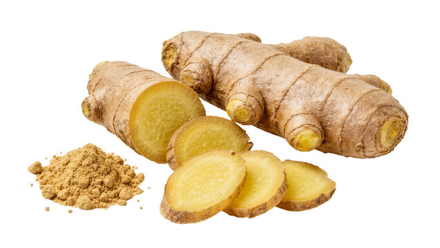 Whole and sliced ginger root with powder, isolated on transparent background