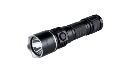 Black tactical flashlight with textured grip, isolated on transparent background © GODSTOX