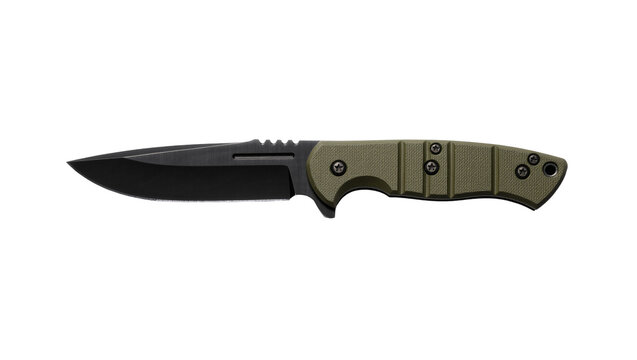 Tactical folding knife with black blade and olive green handle, isolated on transparent background