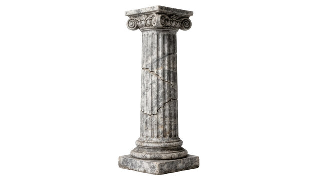 Cracked ancient Ionic marble column with volutes, isolated on transparent background