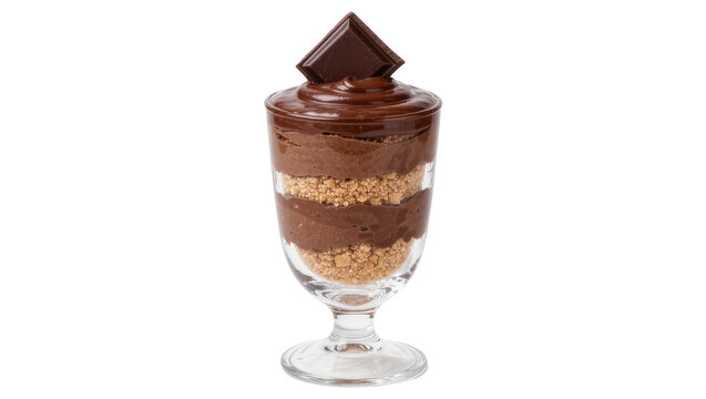 Rich chocolate mousse parfait with crumbly biscuit layers topped with dark chocolate square, isolated on transparent background