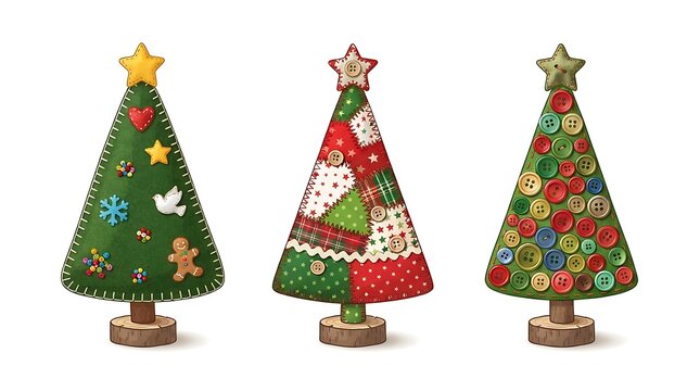 Three decorative felt christmas trees adorned with festive ornaments on wooden bases christmas decoration