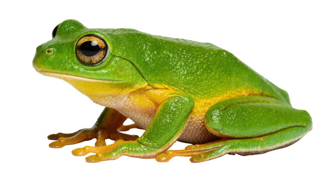 Vibrant green tree frog with yellow belly, isolated on transparent background
