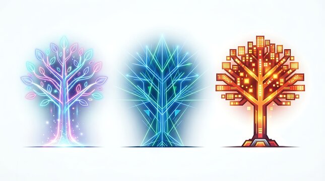 Set of three abstract digital neon glowing futuristic trees on white background with futuristic