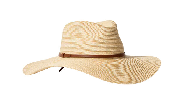 Woven straw fedora hat with brown leather band, isolated on transparent background