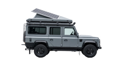 Grey off-road camper van with pop-up roof tent and solar panels, isolated on transparent background © GODSTOX