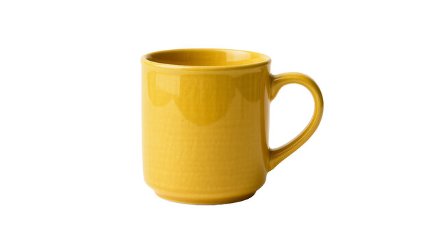 Yellow ceramic mug with textured surface, isolated on transparent background