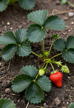 Sustainable agriculture and organic farming, ripe red strawberry growing on a plant in a garden soil bed with green leaves and unripe berries
