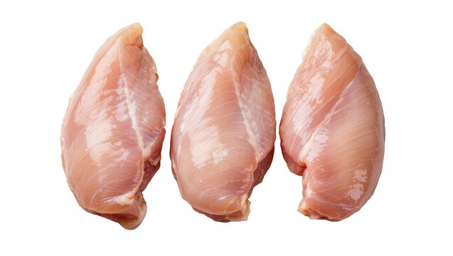 Three raw chicken breast fillets with visible muscle fibers, isolated on transparent background