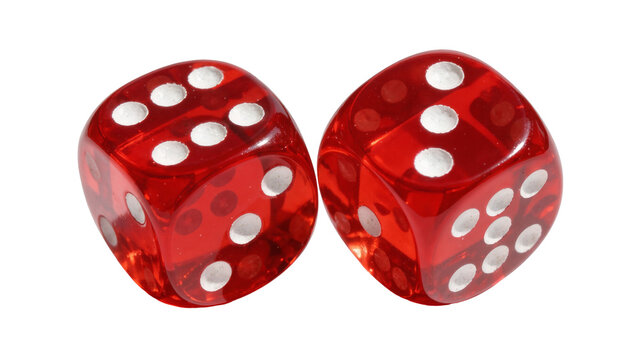 Two transparent red dice with white pips showing numbers, isolated on transparent background