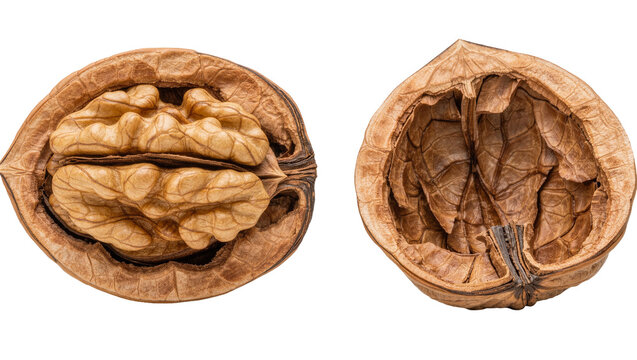 Whole walnut kernel inside cracked shell and empty shell half, isolated on transparent background