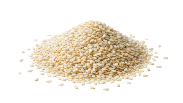 Heap of small oval off-white sesame seeds, isolated on transparent background