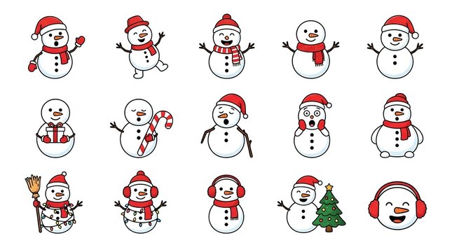 Set of cute cartoon snowman characters for christmas and winter holiday design with christmas