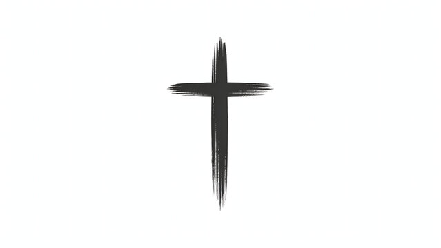 Artistic black ink cross with rough brush strokes on a white background, for religious and, spiritual projects